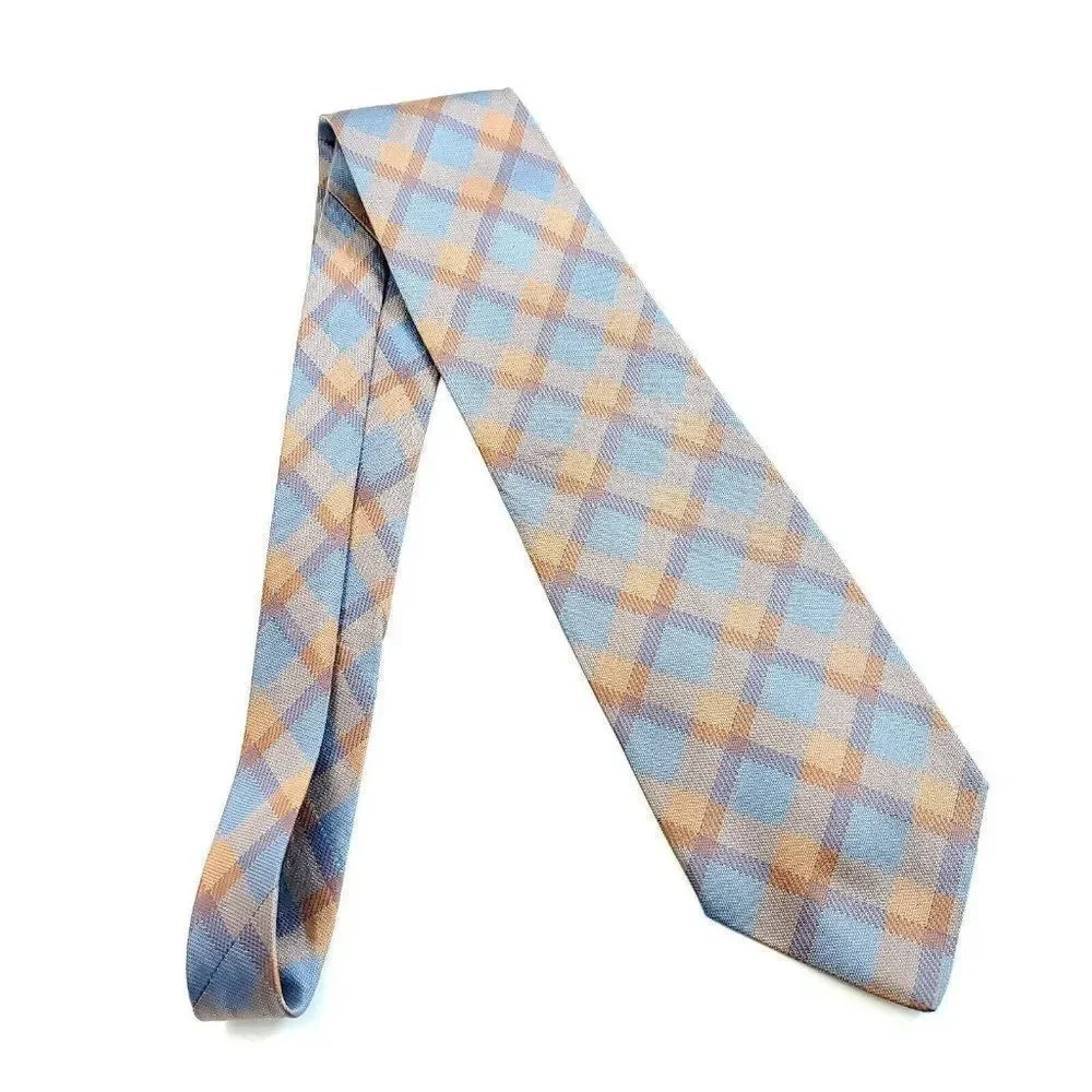 Anselmo Dionisio Orange‎ Blue Plaid Woven Wide Silk Tie